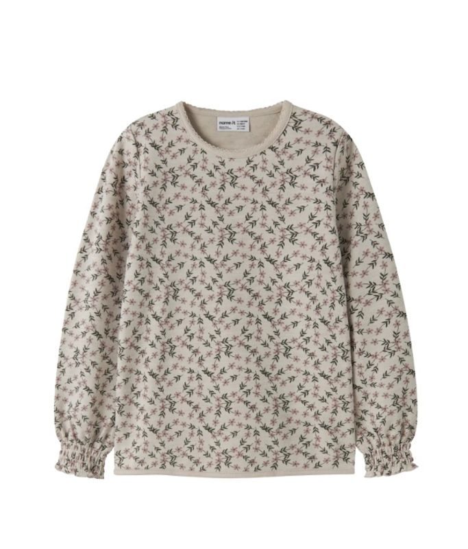 Nkfwuppo lys gråbeige ull/bomulls genser m/blomster